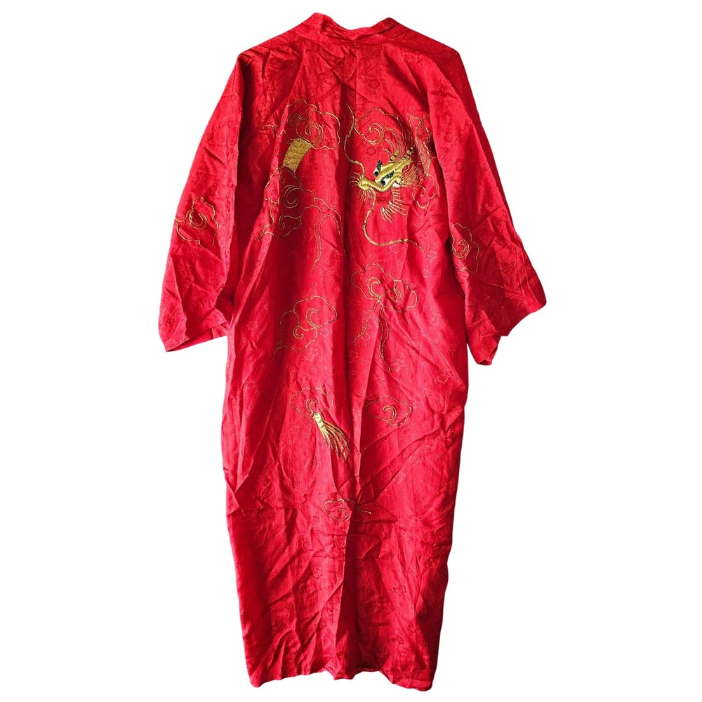 Vintage Red Satin Kimono Robe Gold Dragon Embroidery Long Loungewear Dress - Picture 7 of 13